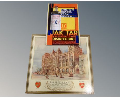 A J A K Tar disinfectant counter topped advertising stand together with a Duckworth and company double sided advertisement on