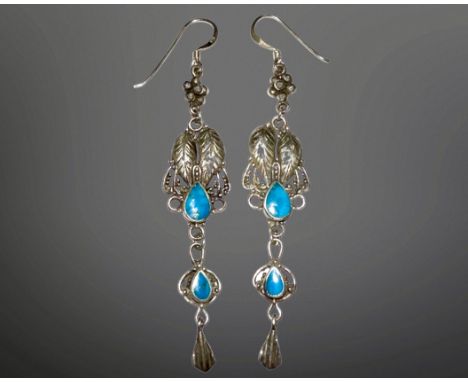 A pair of vintage silver and turquoise droplet earrings, length 60mm. 