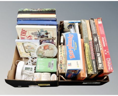 Two boxes of LP box sets, Peter Rabbit collector's plates, vintage board games, children's books 