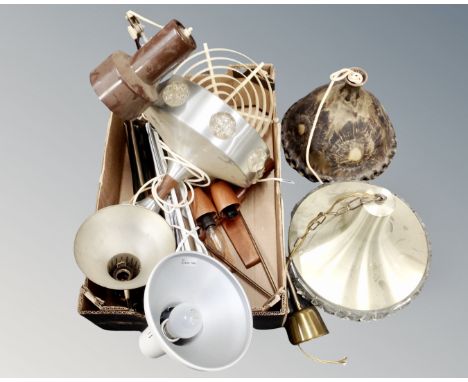 A box of 20th century continental light fittings, angle poise lamps, studio pottery lamp signed Bjorn (Af)