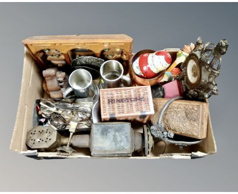 A box of antique carriage lamp, trinket boxes, tankards, vintage reading glasses etc 