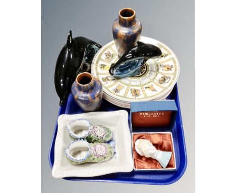A tray containing Wedgwood calander plates, Pool plates, Royal Worcester china Mob Cap boxed etc 