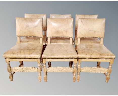 A set of six Continental light oak dining chairs in studded tan leather 