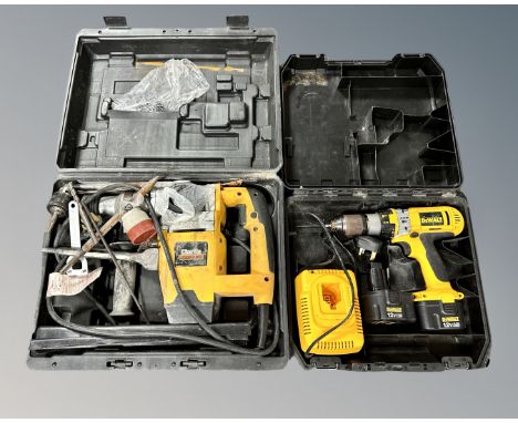 A cased Dewalt 12 volt drill with batteries and charger together with Clark contractor electric hammer drill 