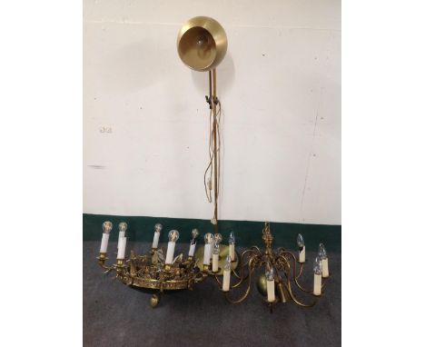 A brass floor lamp together with two vintage ceiling lights 