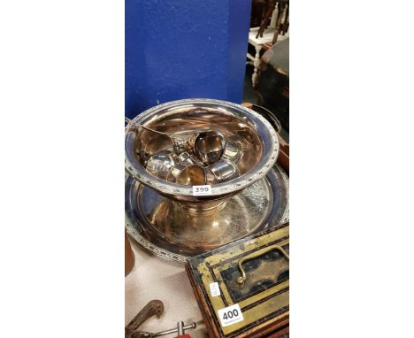 SILVER PLATED PUNCH BOWL, CUPS, LADLE AND TRAY