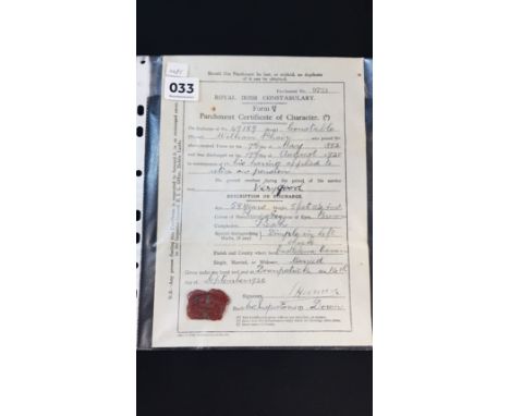 ROYAL IRISH CONSTABULARY CONSTABLE'S OFFICIALLY SEALED PARCHMENT CERTIFICATE OF CHARACTER (FORM 37/3) DATED 14TH SEPTEMBER 19