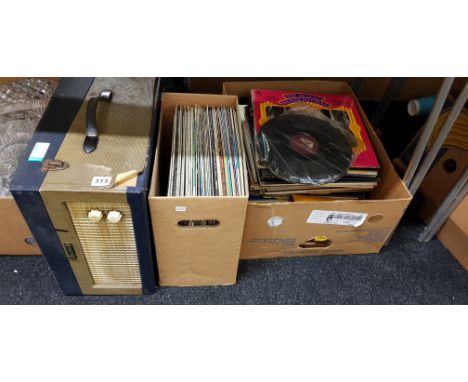 2 BOXES OF RECORDS AND RECORD PLAYER