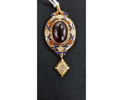 EXQUISITE GEORGIAN DIAMOND, CABOCHON GARNET &amp; ENAMEL PENDANT TESTING TO HIGH CARAT OF GOLD