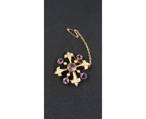 BEAUTIFUL 9 CARAT GOLD AMETHYST &amp; PEARL PENDANT OR BROOCH