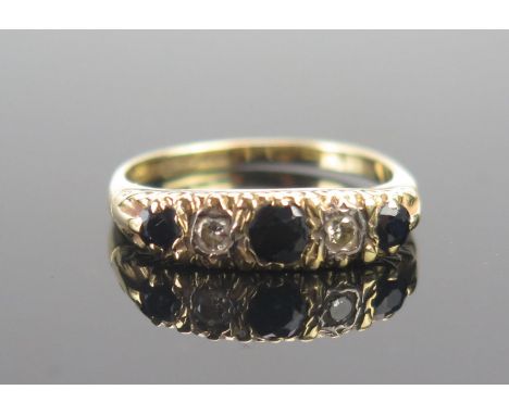 An 18ct Gold, Sapphire and Diamond Five Stone Ring, size M, indistinct hallmarks, 3.47g 