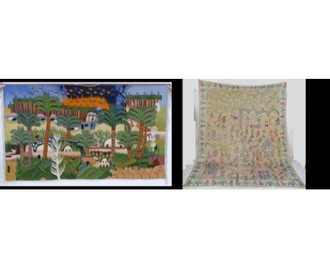 A North African woven tapestry, depicting a village, with figure working in the fields, animals, palm trees and village huts,