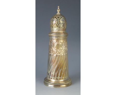 A late Victorian silver sugar caster, maker Henry Wilkinson &amp; Co, London, 1891, of cylindrical tapering form with pierced