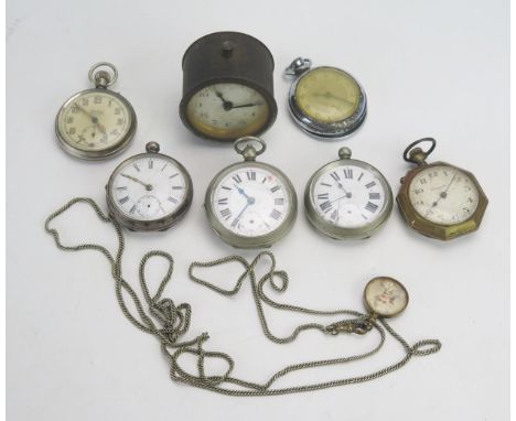 A .800 Silver Pocket Watch, five others and an alarm clock 