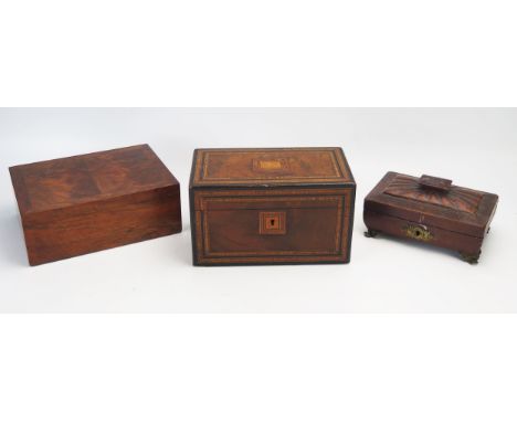A 19th century walnut and inlaid two division tea caddy, a walnut box and one other. (3) 