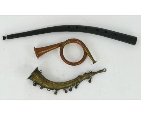 A Dhokra or Asian Horn (36cm), Cornetto (61.5cm) and copper bugle (29.5cm) 