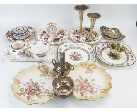 A strawberry dish with silver plated cream jug and sugar basin, assorted plated wares and ceramics. 