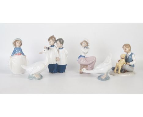 Six assorted Nao porcelain figurines including young girls, choir boys and geese, (6). 