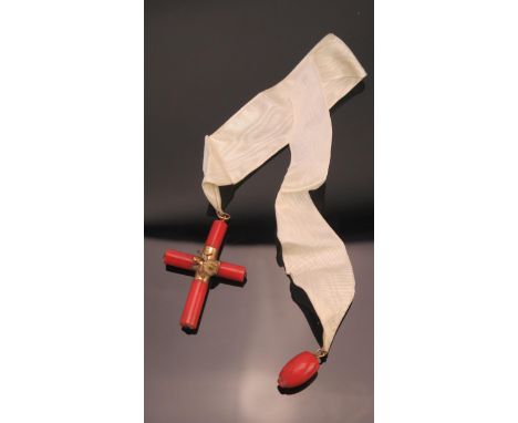 A 19th Century Coral and Precious Yellow Metal Mounted Cross and bead on a sash, cross c. 61.4mm drop 