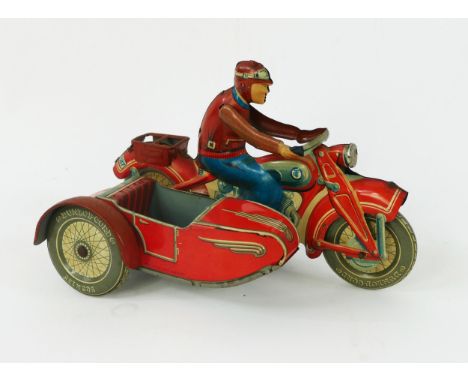 Scarce Tippco (Tipp &amp; Co) T 587 Tinplate Clockwork Motorcycle with Sidecar Motorcycle in bright red with white, grey and 