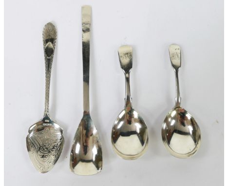 Four assorted silver caddy and preserve spoons, various makers and dates, total weight of silver 78gms, 2.53ozs 