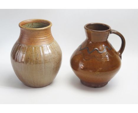 Toff Milway, a studio pottery vase of ovoid form, with raised panel lines, bears initials to the base, together with a Leach 