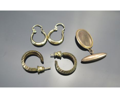 A Small Pair of 9ct Gold Hoop Earrings, 9ct gold cuff link and a pair of precious yellow metal hoop earrings, 2.54g of hallma