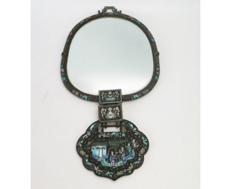 A Chinese metal and enamel hanging wall mirror, with ovoid bevelled mirror plate, with enamel floral decorated frame, with re
