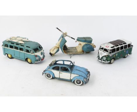 Four Large Scale Tin Models including 2 VW Campers, Volkswagen Beetle and Vespa scooter 