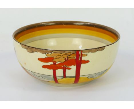 A Clarice cliff bizarre "Coral Firs" decorated fruit bowl, 19.5cm diameter. 