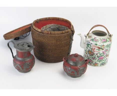 A Cantonese famille verte kettle, contained in a wicker case, (lacks cover), together with a terracotta and pewter mounted ju