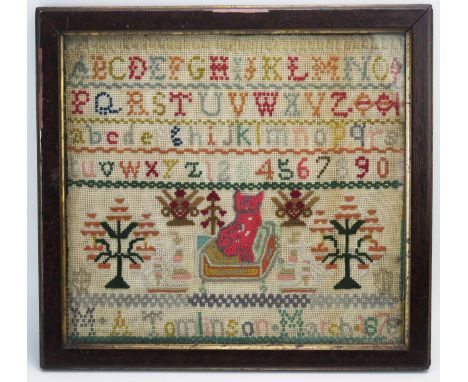 A late Victorian wool work sampler, with upper and lower case alphabets, cat, trees, worked by M A Tomlinson, March 1878, F &