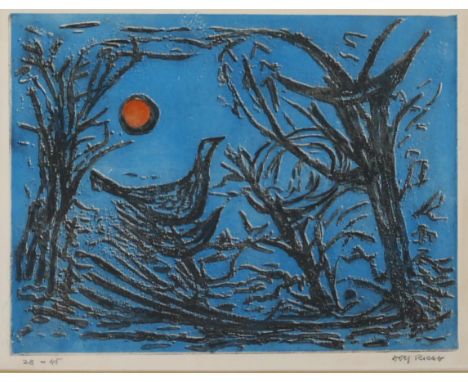 Dolf Rieser (1898 - 1983) South African painter and printmaker, limited edition coloured etching 'Night Bird', pencil numbere