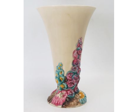 A Clarice Cliff pottery vase with "My Garden" decoration of trumpet-shaped outline, 22.5cm high. 