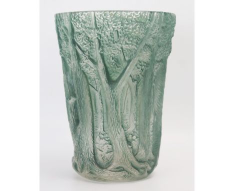 Josef Inwald, a light green Barolac vase, "Dans  Le Foret", frosted glass with forest scene, 26cm high. 