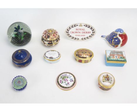 A collection of Royal Crown Derby, Royal Worcester, porcelain bird and trinket boxes, Halcyon Days enamel patch boxes, paperw