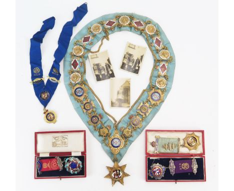 Royal Antediluvian Order of Buffaloes blue silk and jewel applied collar, together with silver gilt and enamel jewels and sil