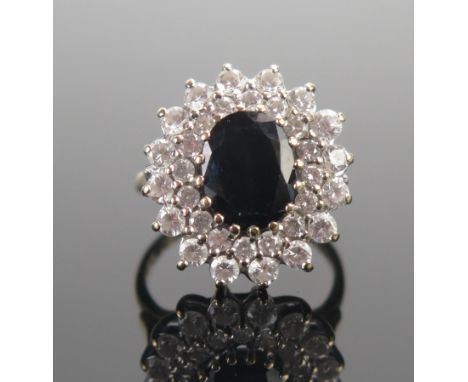 A 9ct Gold, Sapphire and CZ Cluster Dress Ring, 19.7x18.2mm head, size N, 5.36g 