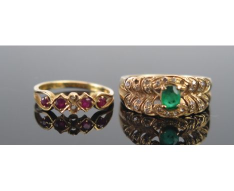An 18K Gold, Emerald and Diamond Ring (size N.5, stamped 18K, 5.9g, two diamonds missing) and one other damaged (KEE tests as