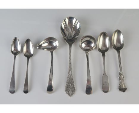A mixed collection of silver flatwares, various makers and dates  including two sauce ladle, teaspoons, preserve spoon,  204g