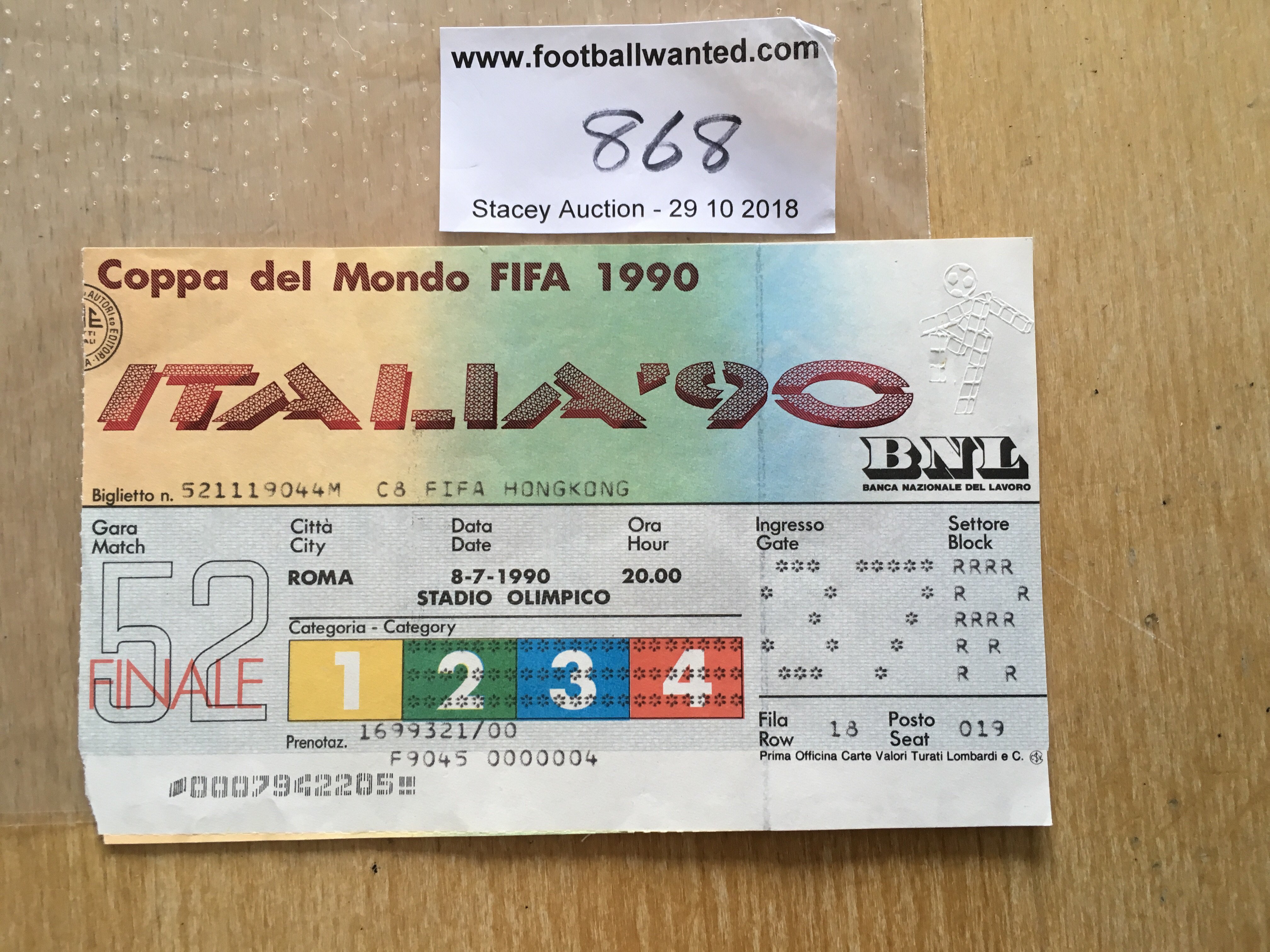 1990 World Cup Final Football Ticket West Germany v Argentina