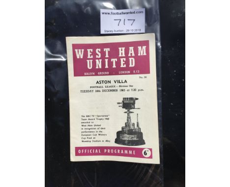 65/66 West Ham v Aston Villa Postponed Football Programme: Hard to obtain programme dated 28 12 1965 in excellent condition w