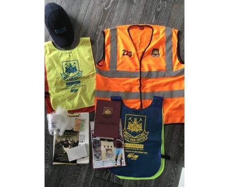 West Ham Stewards Football Collection: Includes orange stewards jacket with West Ham crest, two youth team bibs and memorabil