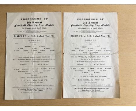 1920s Charity Match Football Programmes + Memorabilia: Blades v CID Scotland Yard football programmes for matches in 1928 and