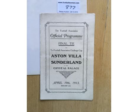 1913 FA Cup Final Football Programme: Aston Villa v Sunderland official 4 page card programme. Excellent condition now spine 