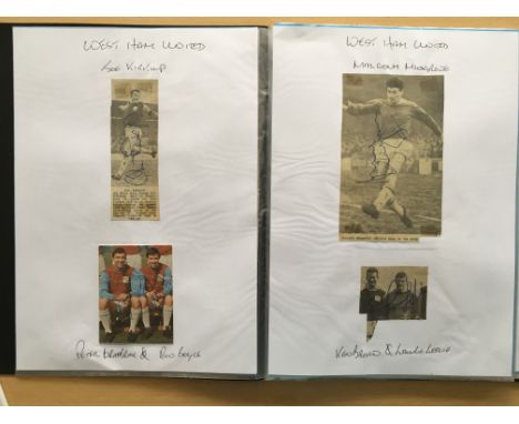 West Ham Football Autograph Collection: 2 folders containing many signed magazine pictures and white cards from the 60s up to