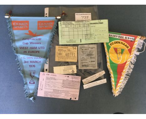 Den Haag v West Ham Football Memorabilia: Includes various travel documents plus Pennants from organiser Camkin Sports and De