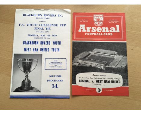 1959 Youth Cup Semi + Final Football Programmes: Blackburn v West Ham Youth Cup Final and Arsenal v West Ham Semi Final. Both