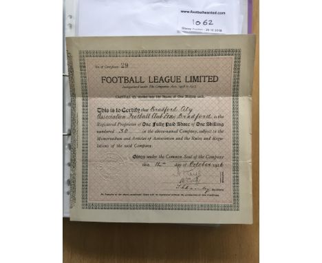 Bradford City 1926 Share Certificate: Decorative Square certificate signed by Director and Secretary of the Football League. 