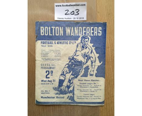 49/50 Bolton Wanderers v Manchester United Football Programme: Fair condition 6 page gate fold programme with 1 team change a